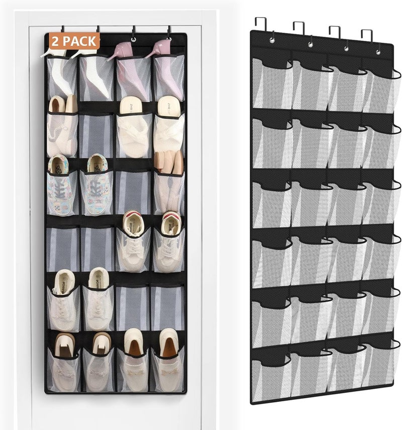 FENTEC 2 Pack Large Over The Door Shoe Organizer, 24 Pockets Mesh Hanging Shoe Organizers, Over Door Organizer, Black - Image 1